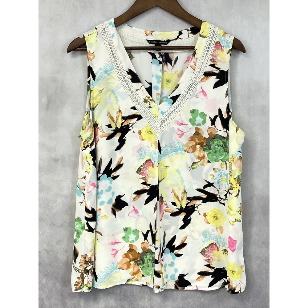 Flowy Floral Tank Top Womens Large Crochet Lace Trim Cottage Boho Romantic - Picture 1 of 11